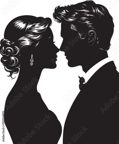 Romantic couple cameo silhouette vector, facing each other profile composition, bold black fill, white background