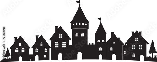 Medieval village silhouette vector, castle tower and old houses composition, flat minimal black SVG, isolated on white background