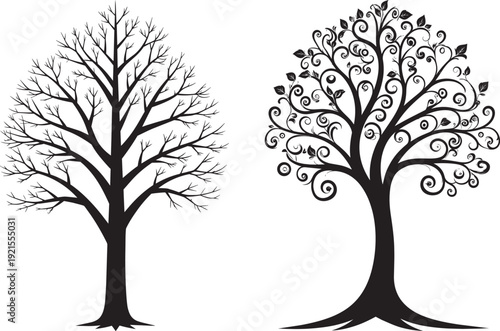 Leafless Winter and Elegant Decorative Tree Silhouette Vector Icon, Detailed Branch Network with Ornamental Curved Design, Solid Black Clean Sharp Edges Isolated on White Background