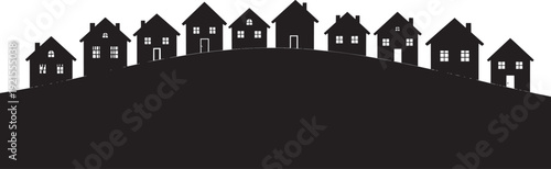 Hilltop village silhouette vector, clustered rooftops on elevated ground line, bold black solid shape, isolated on white