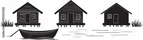 Fishing village silhouette vector icon, huts and small boat near shore, flat black minimal design, white background