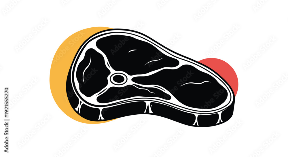 Obraz premium Black and white graphic icon of a raw T-bone steak, a prime cut of beef, with colorful abstract shapes in the background.