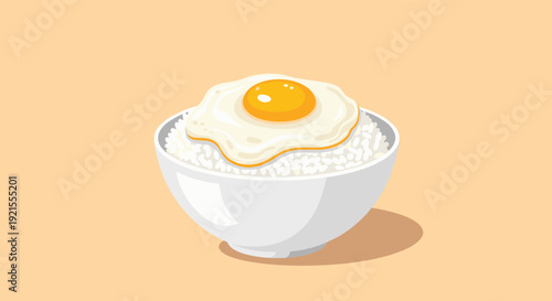 Simple and delicious meal of a sunny-side-up fried egg served on top of a bowl of fluffy white rice, on a plain background.
