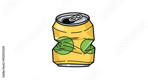 Illustration of a crushed yellow and green aluminum beverage can, symbolizing recycling, waste, or finishing a refreshing drink.