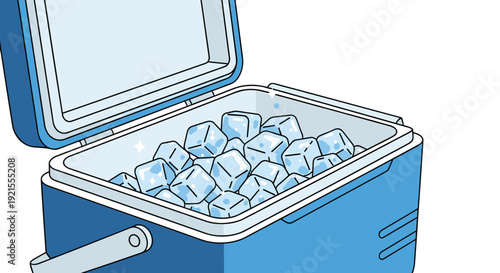 Portable blue cooler box opened to show it is filled with sparkling ice cubes, perfect for picnics, camping, and outdoor events.