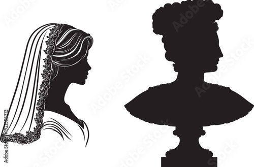 Bridal Cameo and Antique Baroque Silhouette Vector Icon, Bride Side Profile with Veil and Ornamental Frame, High Contrast Solid Black Design Isolated on White Background