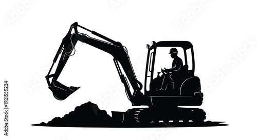 Black silhouette of a compact mini excavator with an operator in the cab, digging and moving earth on a construction site.
