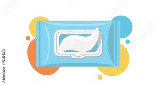 Flat design illustration of a blue package of disposable wet wipes with colorful circles in the background, representing hygiene and cleanliness.