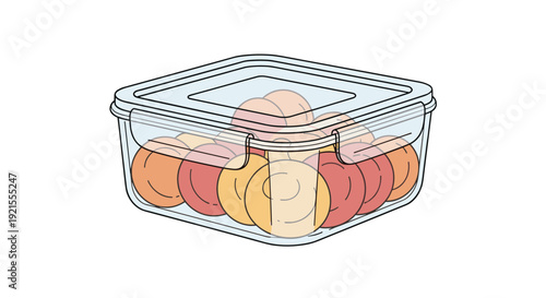 Line art illustration of a transparent square food storage container with a sealed lid, filled with cookies or crackers for freshness.