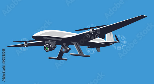 High-tech military or surveillance VTOL drone with fixed wings and multiple cameras flying against a clear blue sky background.