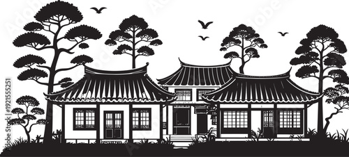 Asian countryside village silhouette vector icon, curved roof houses and trees, minimal flat design, white background