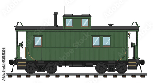 Side view illustration of a classic green wooden railroad caboose car from a vintage freight train, sitting on railway tracks.