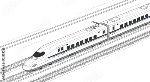 Isometric line art illustration of a high-speed bullet train moving rapidly on the railway, showing speed and modern transportation.