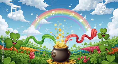 Colorful Pot of Gold Coins Spilling.