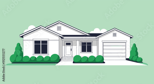 Modern suburban single-story ranch-style house with an attached garage, surrounded by green bushes, on a light green background.