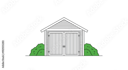 Simple line art illustration of a small wooden garden shed with double doors, flanked by green bushes, for outdoor storage.