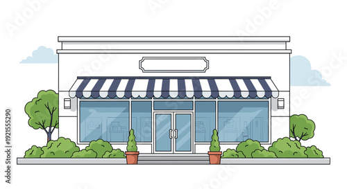 Front view line art illustration of a charming local shop or boutique storefront with a striped awning and large display windows.