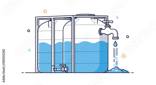 Large plastic water storage tank system with a dripping faucet, illustrating water conservation, storage, and resource management.