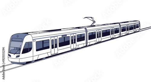 Illustration of a modern articulated tram or light rail vehicle used for efficient public transportation in a contemporary city.