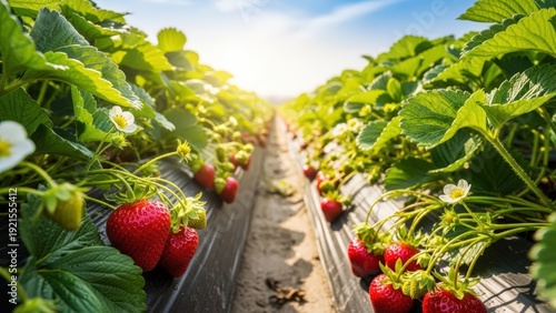 Vibrant strawberry field with ripe red berries and green leaves under a bright sunny sky, ready for harvest.