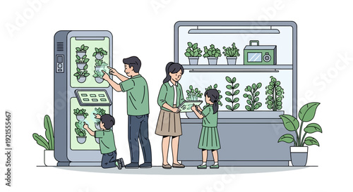 Family interacting with plant vending machine.