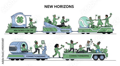 Green cartoon people on train cars.