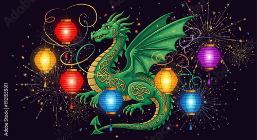 Green dragon with colorful lanterns.