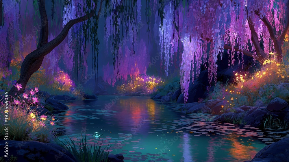 Obraz premium Artful ethereal landscape of a quiet river flowing beneath cascading wisteria blossom trees, soft mist and mysterious light creating a dreamlike, poetic atmosphere.