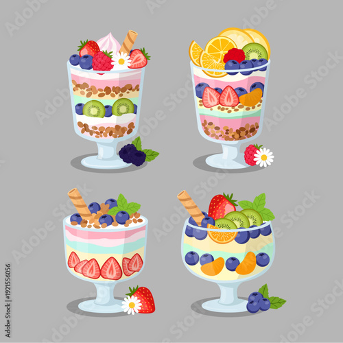 Set of fruit parfait glass illustrations with layers of yogurt, granola, and fresh berries.
