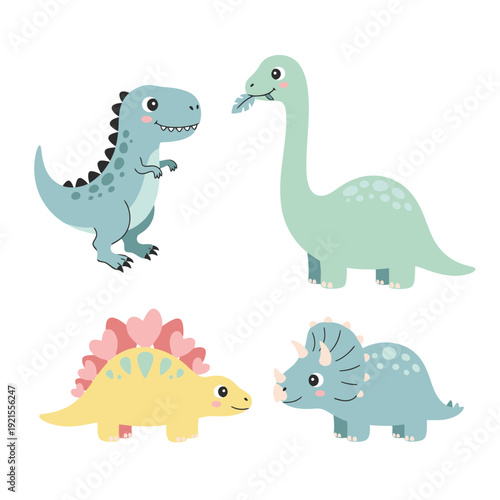 Cute Cartoon Dinosaurs Collection: T-Rex, Brontosaurus, Stegosaurus, Triceratops