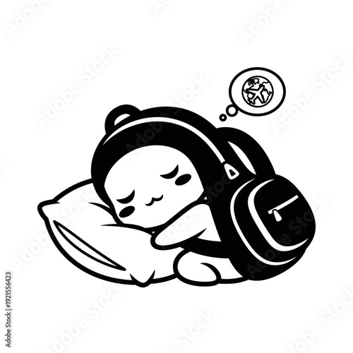 Cute Cartoon Character Sleeping with Backpack Dreaming of Travel and World Exploration