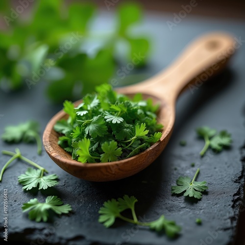 Wooden spoon holds fresh cilantro herb on slate surface. Green leaves scattered around for cooking, culinary use. Natural ingredient for healthy meals.