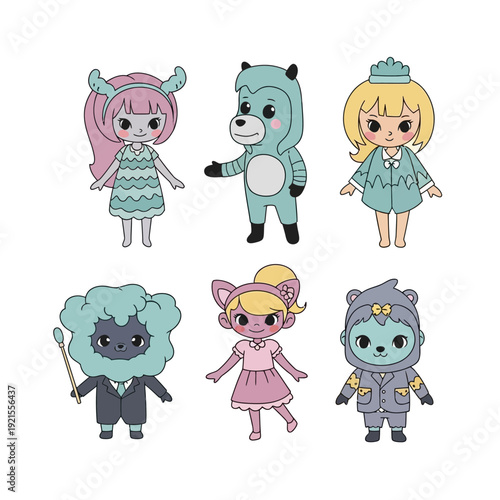 Cute Cartoon Characters: Animals in Outfits, Kids Fashion, Kawaii Style