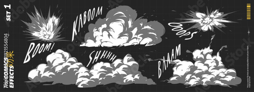 Comic, Effect, and Explosion Book Manga with Smoke Background for Magic Bomb and Explosive Special Effects. Anime Design Black and White Cartoon Explode Text Over Halftone Fire Game Cloud.