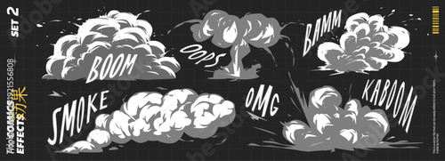 Comic, Effect, and Explosion For Book or Manga With Smoke Background. Magic Bomb and Explosive Special Effects in Anime Design, With Black, White, and Cartoon Elements. Abstract Orange Blast.
