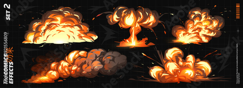 Comic Effect and Explosion with Smoke Background for Magic Bomb or Explosive Special. Anime Cartoon Explode with Fire Game Cloud and Flame in A Boom Ball Burst. Vector Art Blast Impact
