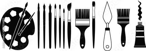 Artist Painting Tools and Brushes Silhouette Vector Collection with Palette and Paint Tube Isolated on White Background for Creative Graphic Design
