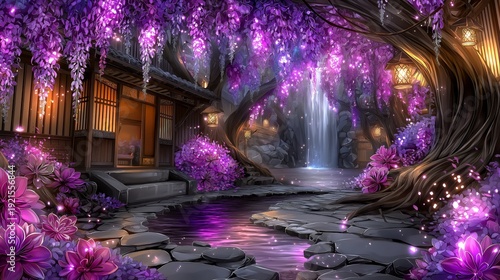 Dreamy fairylike painting of a traditional Chinese courtyard covered in cascading wisteria flowers, soft ethereal light and tranquil atmosphere creating a poetic, enchanting scene.