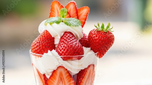 A close-up shot of a delightful strawberry parfait with whipped cream and fresh mint garnish, served in a clear glass.
