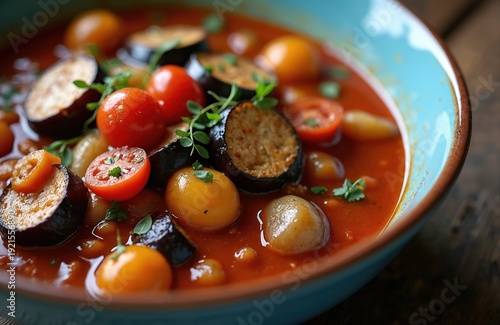 Eggplant tomato stew served in blue bowl on wood table. Savoury vegetable dish with herbs close up. Healthy vegan meal, rustic home cooking.