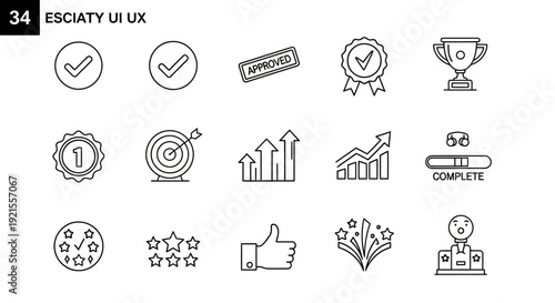 Success and achievement line icons for business goals, progress, approval, and reward concepts