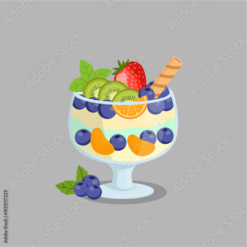 Fruit yogurt parfait in round glass with kiwi, orange slices, strawberries, and blueberries.