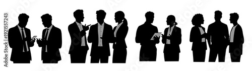 Row of eight business silhouettes using smartphones and tablets, captured in bold black against white, highlighting modern corporate communication and teamwork.