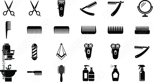 Barber shop grooming silhouette icon set vector illustration featuring scissors, clippers, razors, combs and salon tools, flat design, isolated beauty symbols
