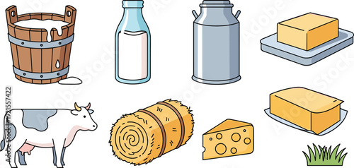 Dairy farm products and cattle set, flat vector illustrations with cow, milk bottle, fresh butter, cheese wedge, metal milk can and hay bale isolated on white background.