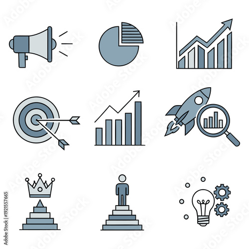Business Management and Corporate Leadership Icon Set in Flat Line Style