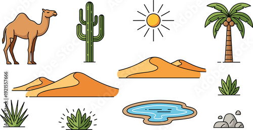 Desert landscape and oasis elements set, flat vector illustrations with camel, sand dunes, cactus, palm tree, water hole and bright sun isolated on white background.