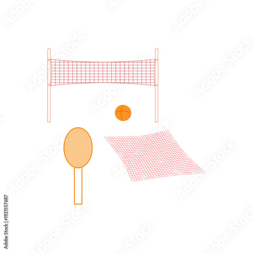 Badminton Court Net with Racket and Ball Vector Illustration on Black Background