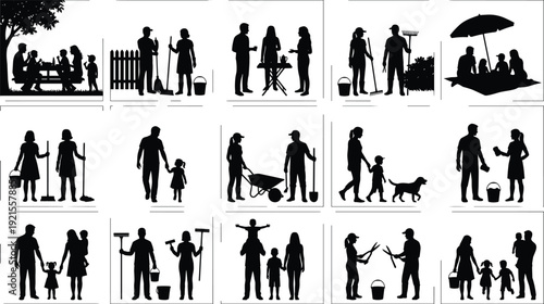 Family gardening and outdoor activity silhouettes set isolated on white background, parents and children yard work, cleaning, picnic, pet walking lifestyle illustration collection.