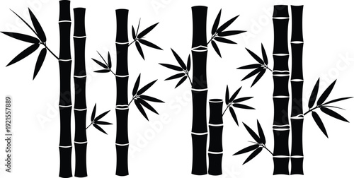 Black bamboo silhouette collection vector illustration featuring tropical bamboo stalks and leaves, zen nature elements, minimal flat design, isolated botanical icons